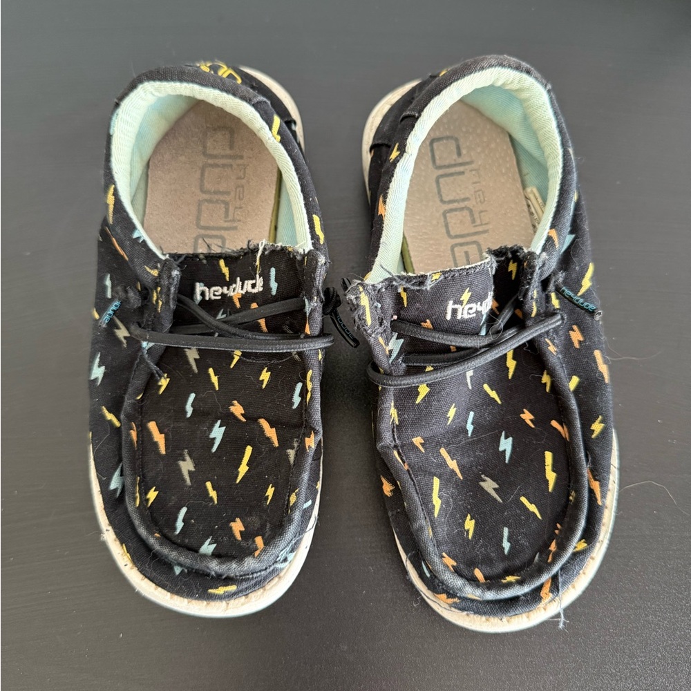 Hey Dude Kids Black Moccasins with Colorful Lightning